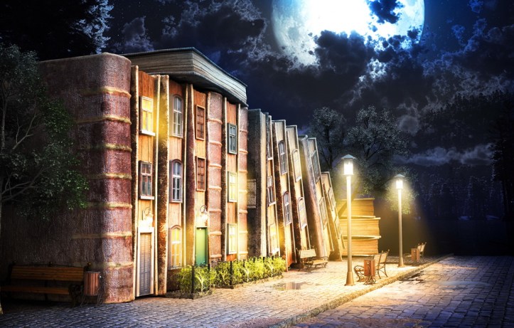 Library concept. Fantasy literature. Stack of old books as street of the city. 3d illustration